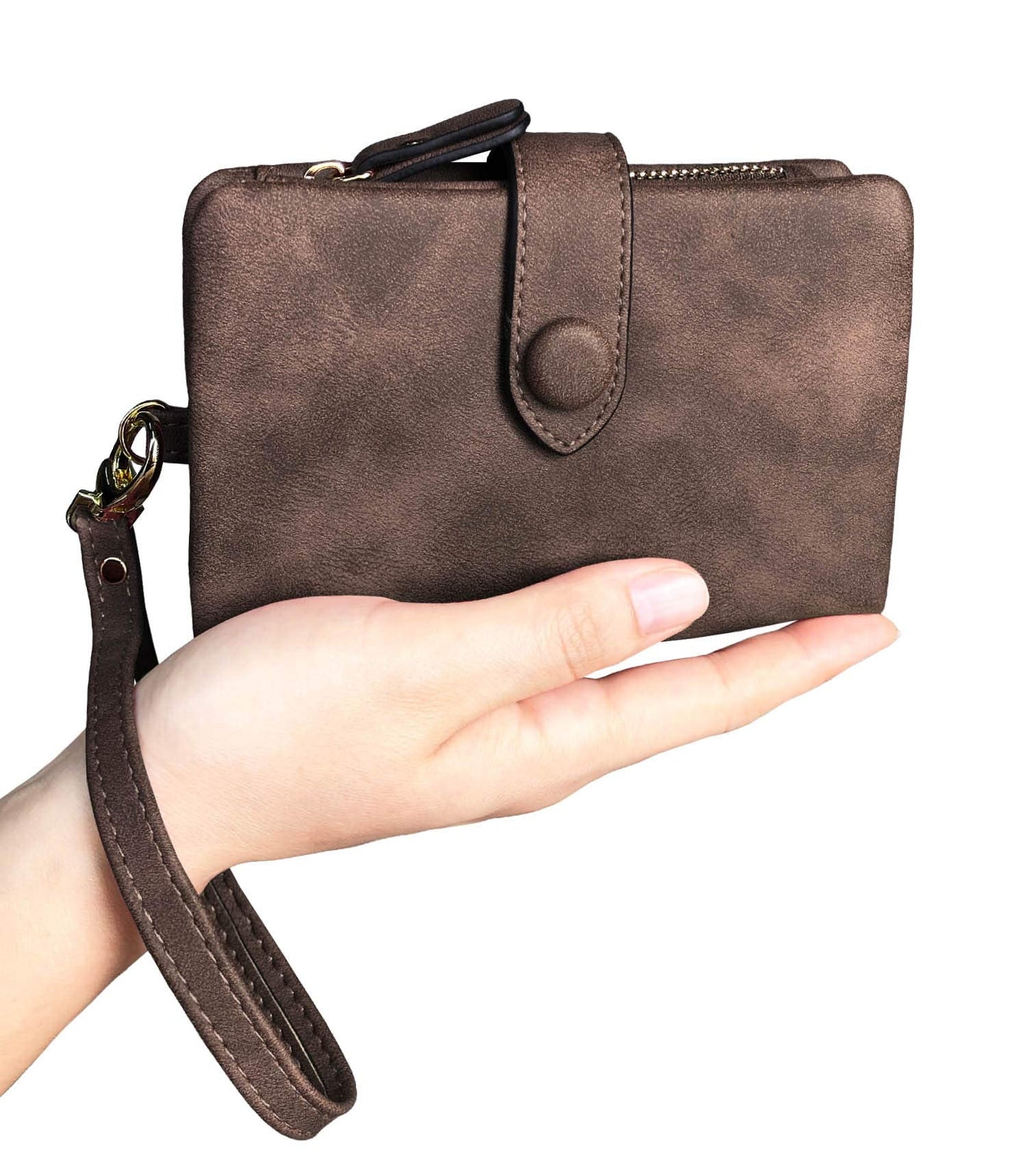 PofeeXIO Womens Small Bifold Leather Wallets Rfid Ladies Wristlet with Card slots id window Zipper Coin Purse (Brown)