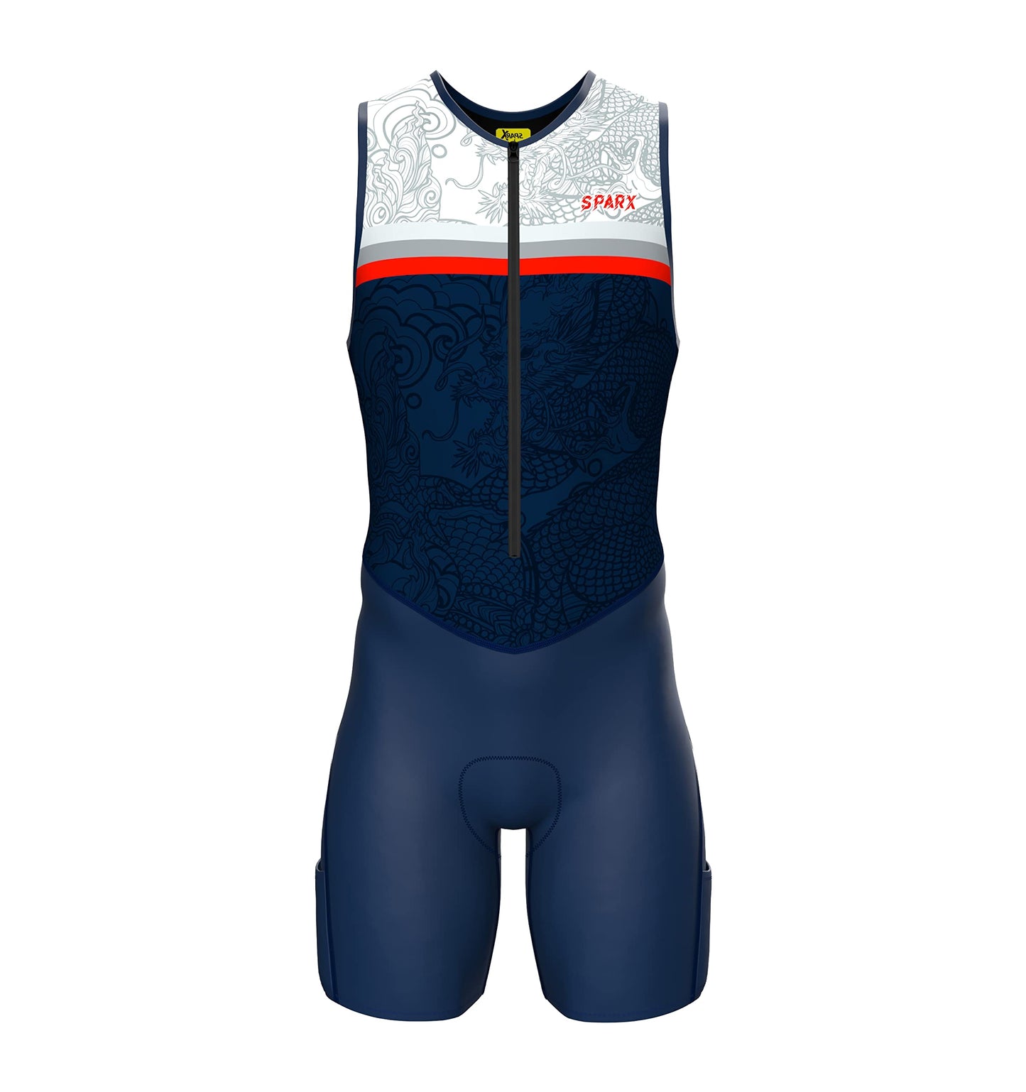 Sparx Men's Premium Triathlon Suit – Padded, Quick-Dry, Compression Fit, Lightweight Tri Suit for Swim, Bike, Run Race & Training (Medium, Navy Dragon)