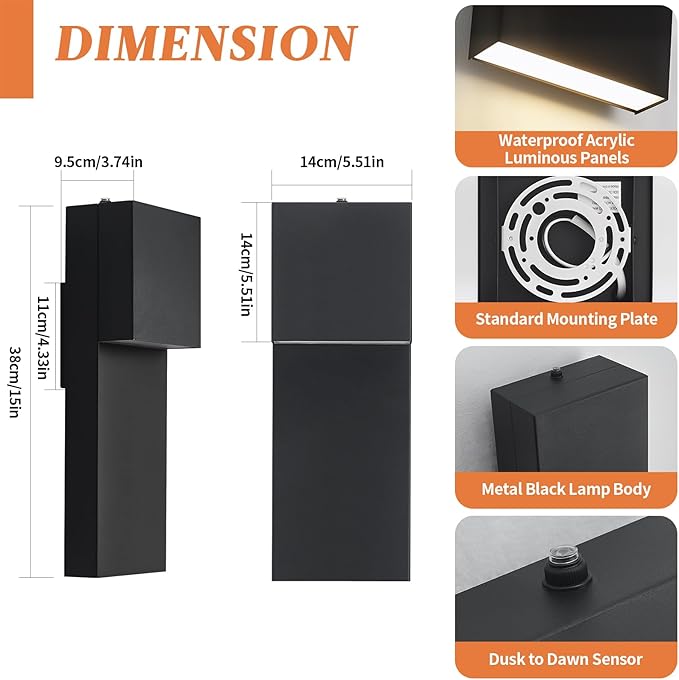 tewei Modern LED Outdoor Wall Sconce, 15'' Dusk to Dawn Outdoor Lighting Exterior Wall Lights, Black LED Front Porch Lights Outside Wall Mount Lighting for House, Backyard, Warm White 3000K, 2 Pack