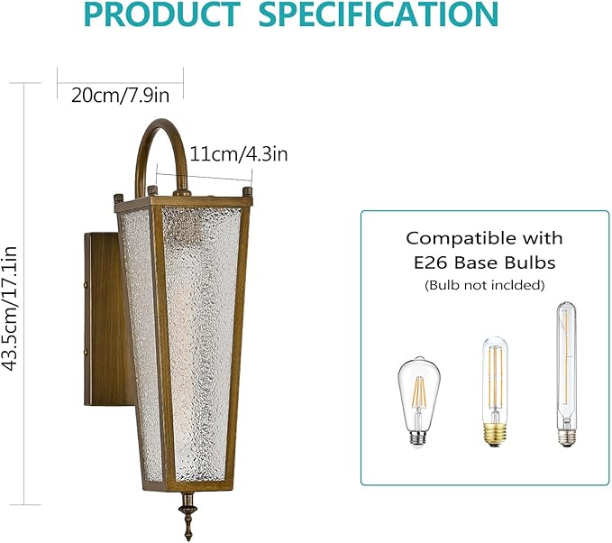 Outdoor Wall Light, Vintage Gold Metal Sconce, 17.1in Exterior Waterproof Lantern with Clear Glass, Farmhouse Porch Wall Mount Lighting for Garage, Patio, Front Door