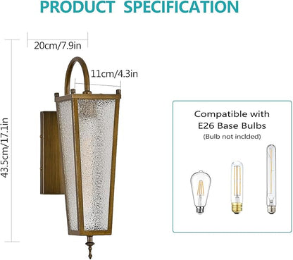 Outdoor Wall Light, Vintage Gold Metal Sconce, 17.1in Exterior Waterproof Lantern with Clear Glass, Farmhouse Porch Wall Mount Lighting for Garage, Patio, Front Door