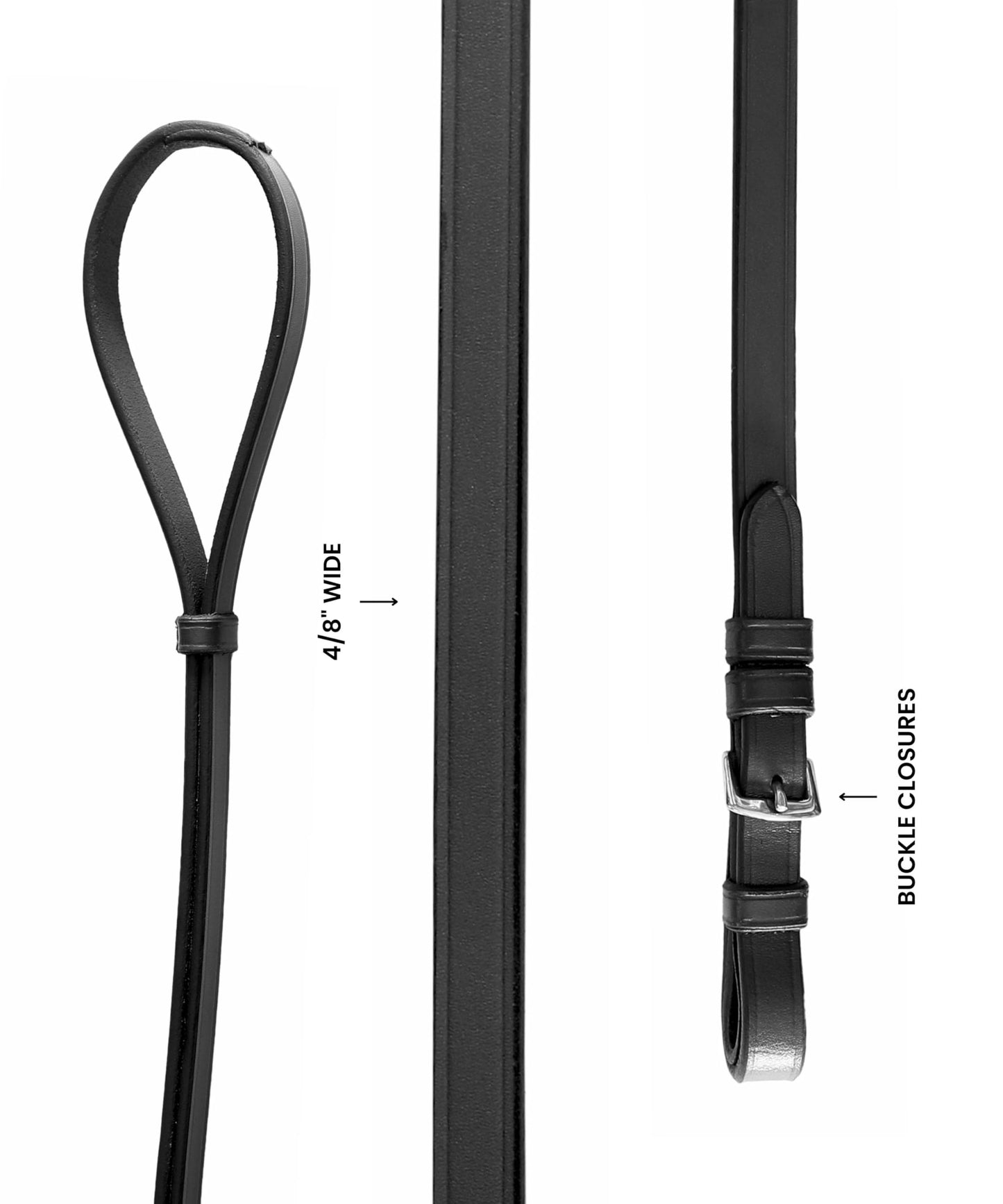 ExionPro English Dressage Double-Bridle Leather Curb Reins for Horses 13 mm Wide Vegetable‑Tanned Leather with Stainless Steel Buckles – Sizes Pony, Cob, Horse, Warmblood (Black, Brown)