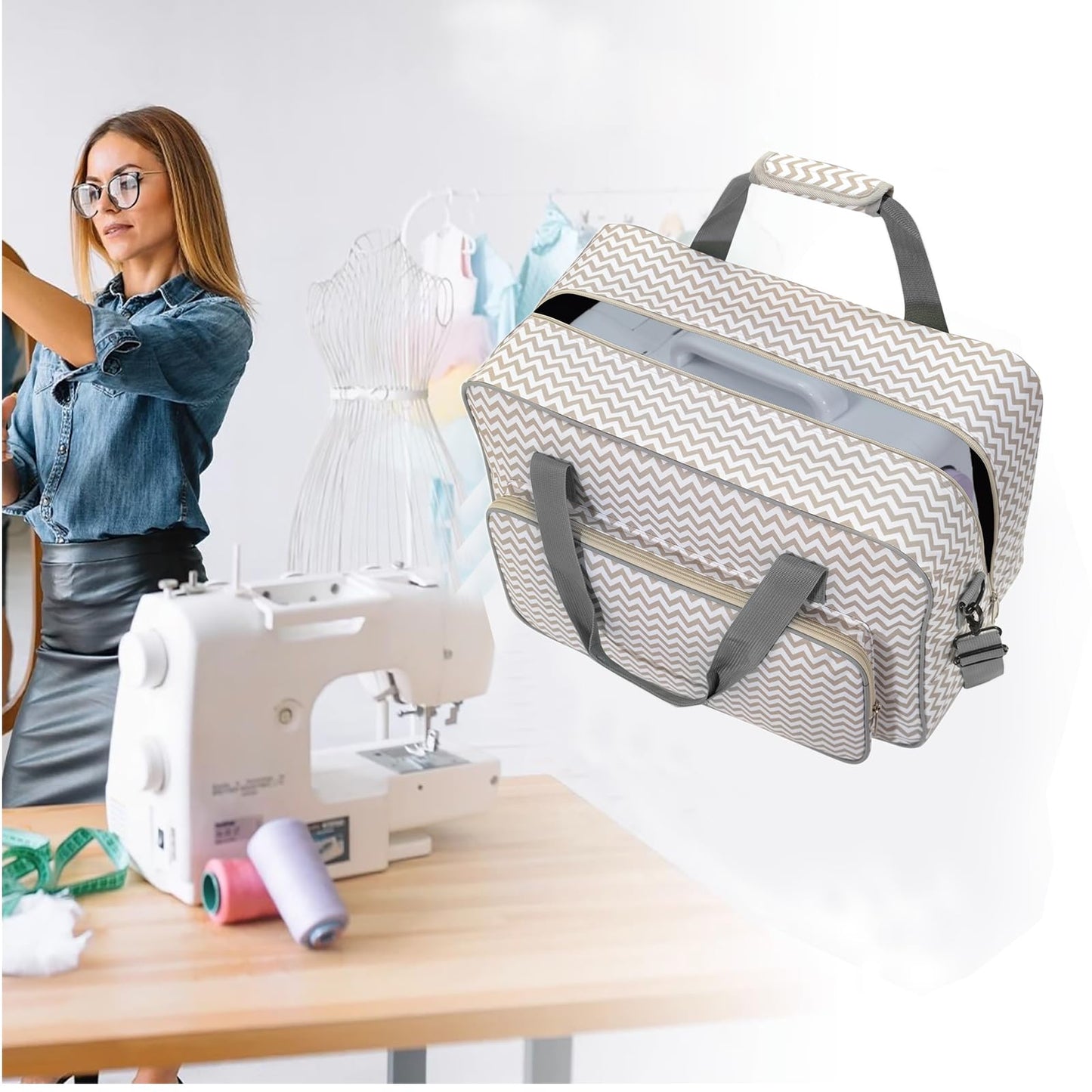 Haroranax Sewing Machine Case - Travel sewing machine bag with handle - New Sewing Machine Carrying Case - Suitable for Singer, Brother, Janome, and Most Standard Sewing Machine (White)