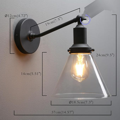 PERMO Industrial Vintage Slope Pole Wall Mount Single Sconce with Funnel Flared Clear Glass Shade Wall Sconce Light Lamp Fixture (Black)