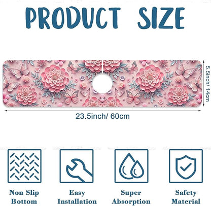 Pink Floral Sink Splash Guard Faucet Mat Flower Butterfly Super Absorbent Fast