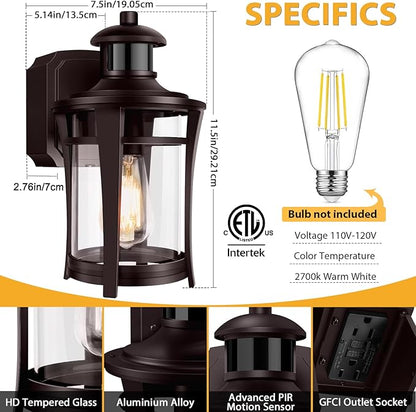 Porch Lights with Outlet, Outdoor Motion Sensor Lights, Dusk to Dawn Exterior Light Fixture, Anti-Rust Waterproof Outdoor Wall Light, Aluminum Outside Lights for House Patio Front Door Garage, Brown
