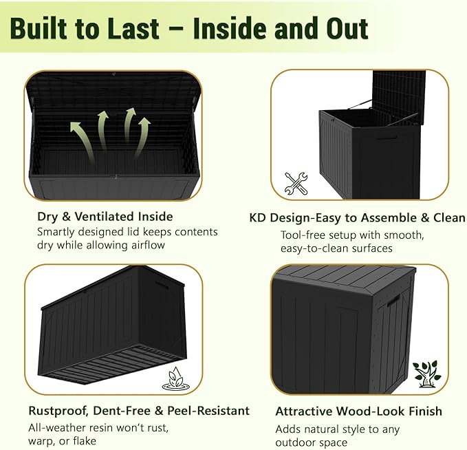 Deck Box outdoor waterpoorf, Storage Box Outdoor and Indoor for Pool Toys, Patio Cushions, Resin Storage Bin for Outside, Lockable (Black, 100 Gallon)