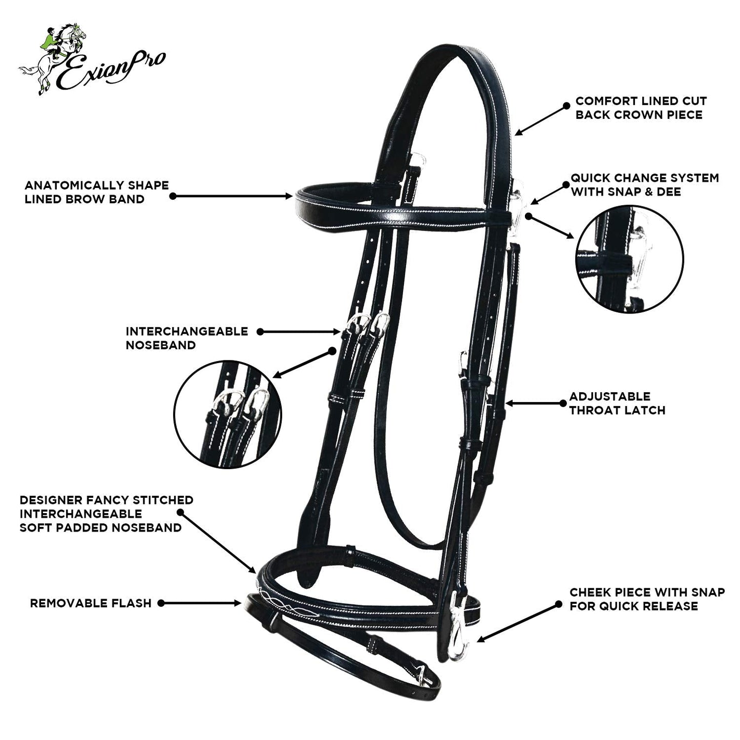 Exion Quick Change Snap English Bridle with Brass Hardware – Soft Lined Anatomical Horse Bridle with Rubber Reins – Snap-On Crown & Cheekpiece – Gold Tone Buckles – Padded Jumping Tack Set