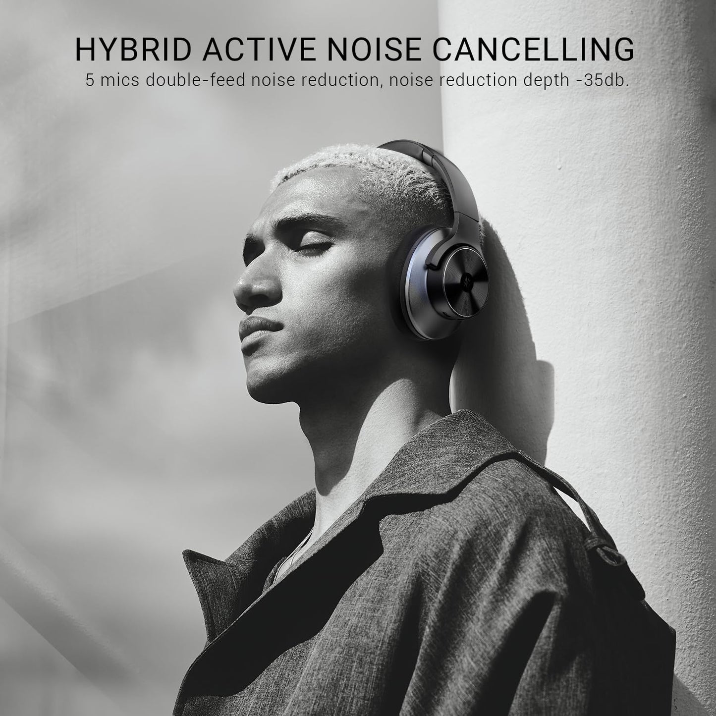 OneOdio Focus A10 - Hybrid Active Noise Cancelling Headphones, Wireless Over-Ear Headphones with 62H Playtime, Fast Charging, Hi-Res Audio, Clear Calls, Bluetooth & Wired Mode for Travel Work