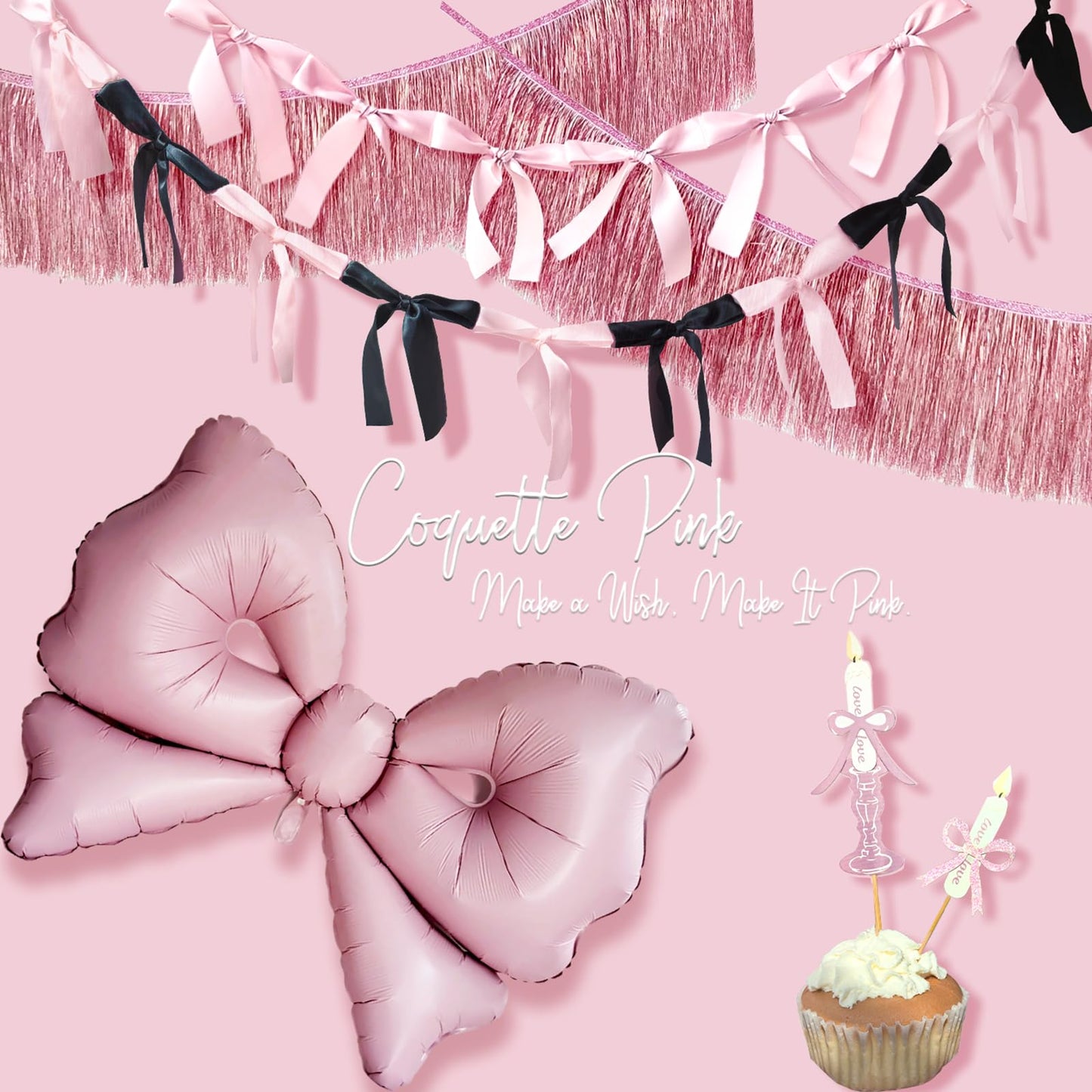 Eanjia Pink & Black Satin Bow Garland 6FT | Coquette & Cowgirl Birthday Banner, Pre-Tied Ribbon Bow Knot Decoration for Girls, Bridal Shower, Baby Room & Party Backdrop Decor