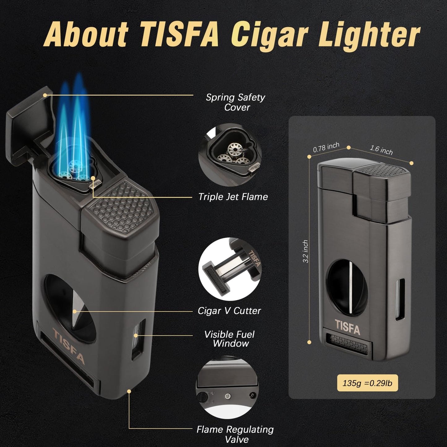 TISFA Cigar Humidor, Leather Cedar Wood Cigar Case with Cigar Lighter, V Cut Cigar Cutter, Cigar Holder 3 in 1, Portable Travel Cigar Humidor Box with Humidifier (Black)
