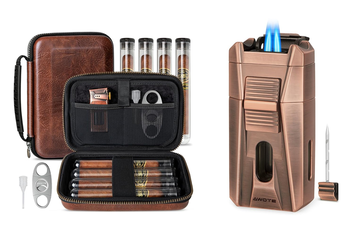 AWOTE Travel Leather Cigar Case with Cigar Torch Lighter, Cigar Bag with 4 Cigar Tubes, Include Cigar Accessories