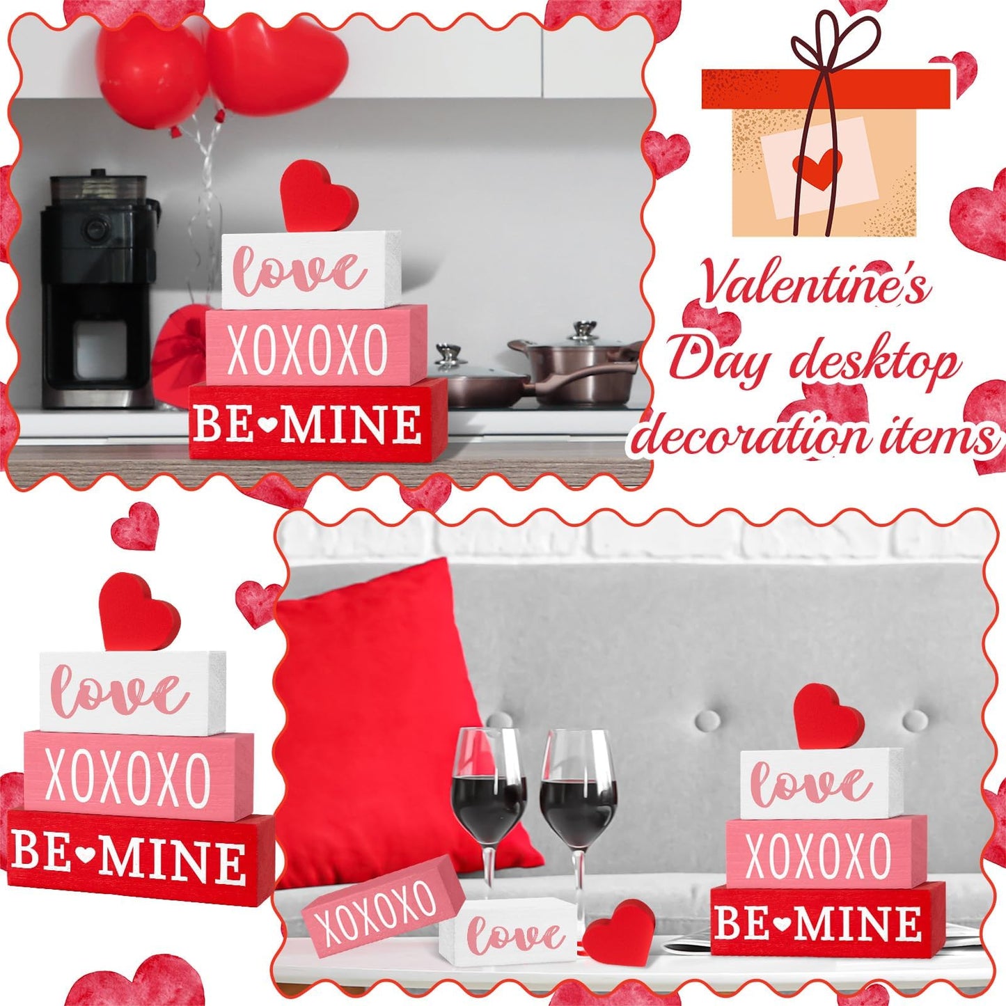 4 Pcs Valentine's Day Table Decor Valentine Wood Book Stack Wooden Signs Decoration for Valentines Day Decorations Wedding Anniversary Party Shelf