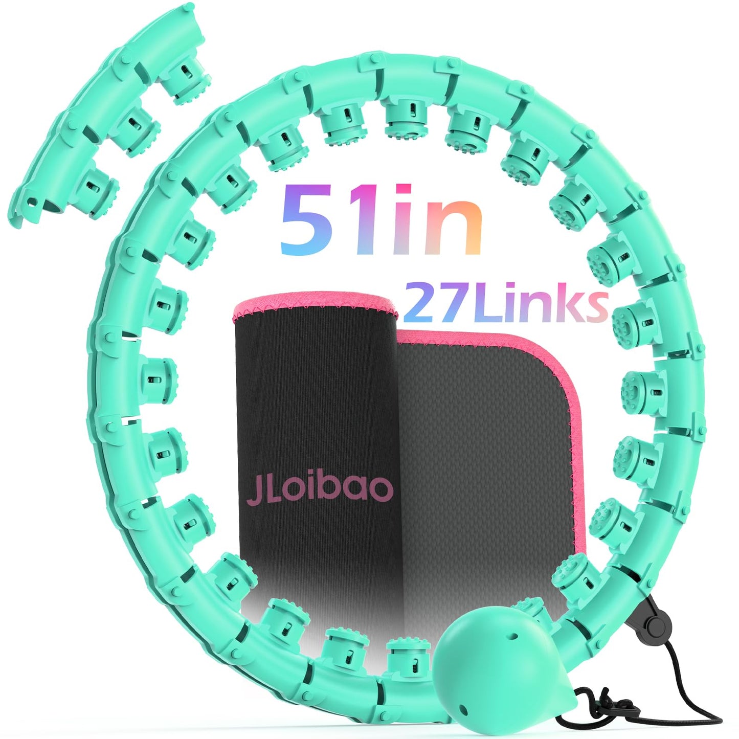 JLoibao Weighted Hula Circle for Adults Weight Loss, Infinity Fitness Hoop Plus Size 51 Inch with Sweat Belt, Include 27 Detachable Links and Waist Trainer for Women(Cyan)