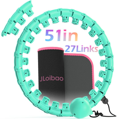 JLoibao Weighted Hula Circle for Adults Weight Loss, Infinity Fitness Hoop Plus Size 51 Inch with Sweat Belt, Include 27 Detachable Links and Waist Trainer for Women(Cyan)