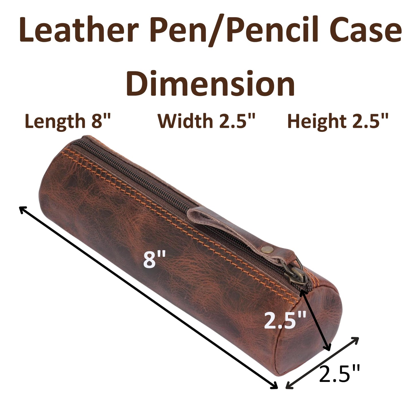 CestAntiQ Round Leather Zipper Pencil Case – Full Grain Handmade Pen, Marker & Sketch Pouch, Compact Tube-Shaped Organizer for Office & Travel, Premium Small Tool Holder for Adults – Brown