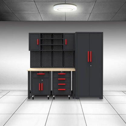 TCE Garage Cabinets Storage System: 6 Piece Set with Lockers and Workbench for Home, Office, Gym, School, Black/Grey