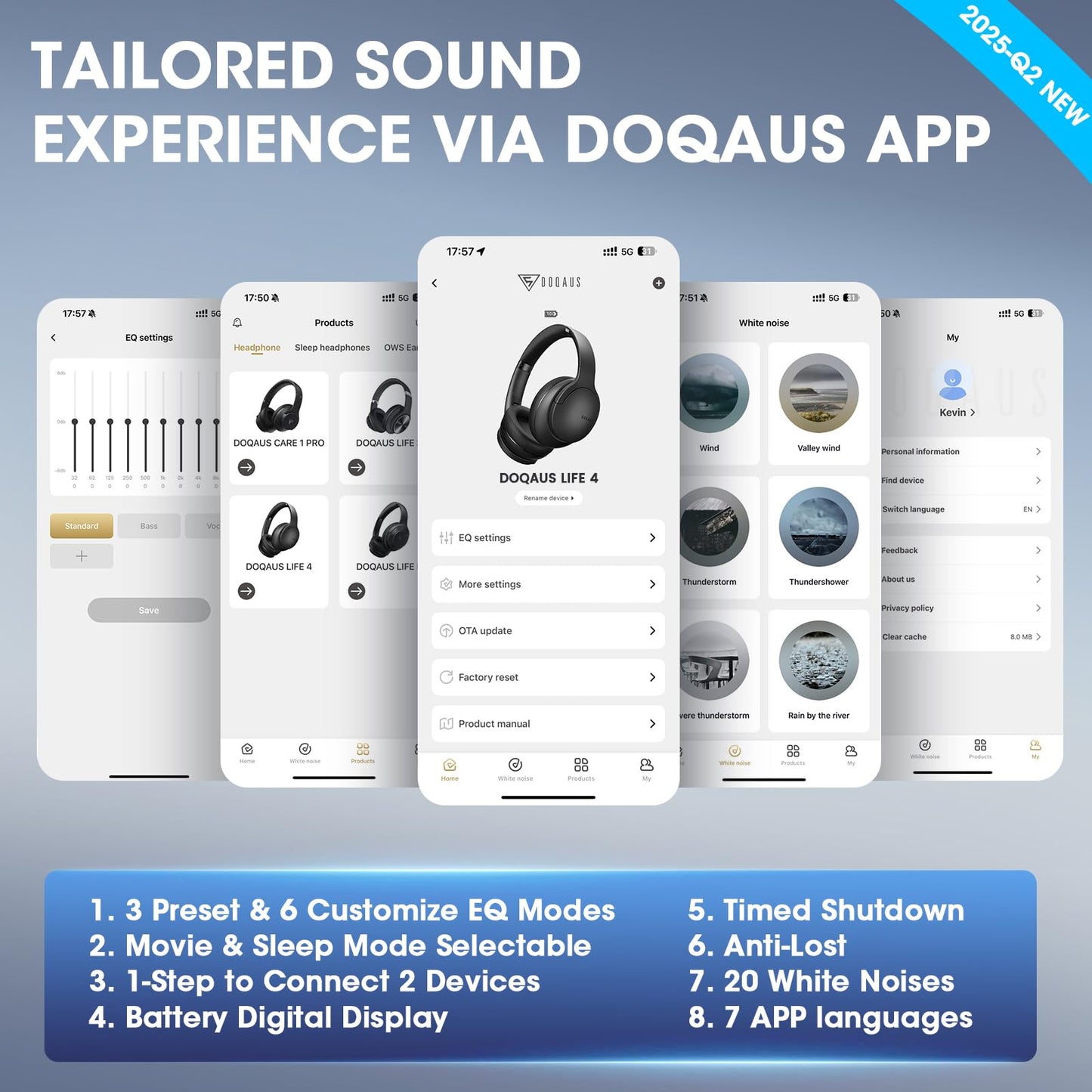 DOQAUS Bluetooth Headphones Over Ear Wireless, 90H Playtime, BT 5.4, 9 EQ Modes via App, Movie & Sleep Mode, HiFi Deep Bass, Memory Foam for Travel, Gym, Phone, PC - Christmas Gifts Stocking Stuffers