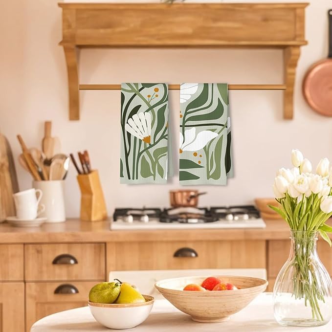 Abstract Boho Sage Green Floral Kitchen Towels Set of 2, 70s Retro Groovy Boho