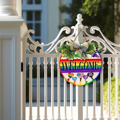 Gay Pride Progress Pride Rainbow Door Sign Welcome LGBTQ Love Heart Round Wood Sign with Bow Wreath Lesbian Parade Day Pansexual Bisexual Transgender Hang Sign for Front Door Diversity 12 In