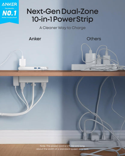 Anker Nano Power Strip, Desk Clamp with 1500J Surge Protector, 5ft Extension Cord, 70W Max Gaming Desk Accessories, 6 AC, 2 USB A, 2 USB C, Home Office Essentials, Fit 0.6~1.8'' Tabletop Edge (White)