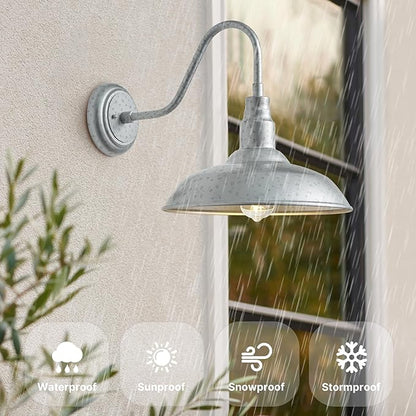 10in Dome Outdoor Gooseneck Barn Light Sliver Exterior Patio Wall Lantern Farmhouse Style Galvanized Outdoor Porch Wall Sconce for House, Garage Gooseneck Lighting Fixture 1 Pack, LM2201-SV