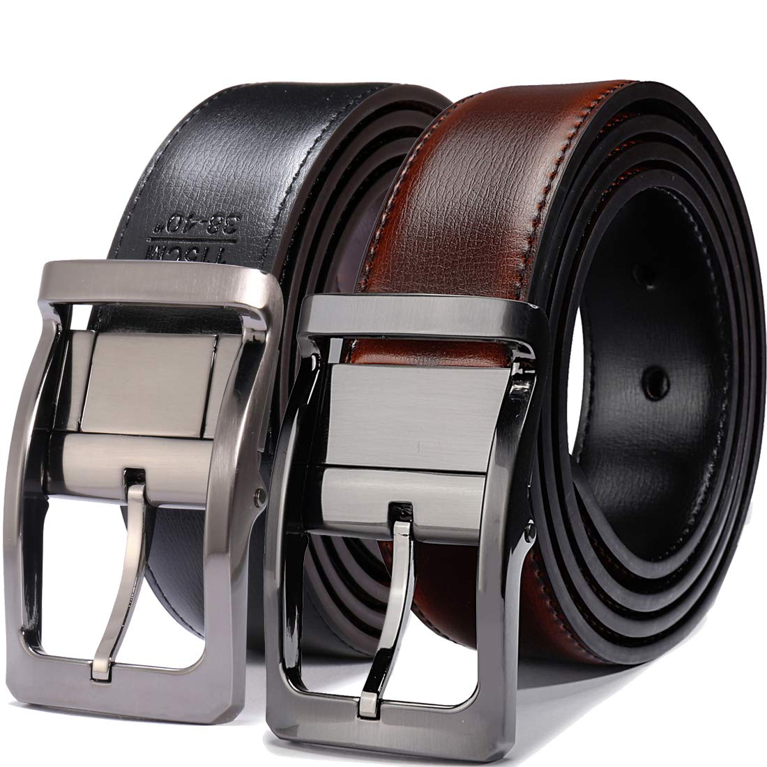 Belts for Men Reversible Leather 1.25” Waist Strap Fashion Dress Buckle Beltox (Rectangle Rotated Buckle with Burnt Umber/Black Belt, 28-30)