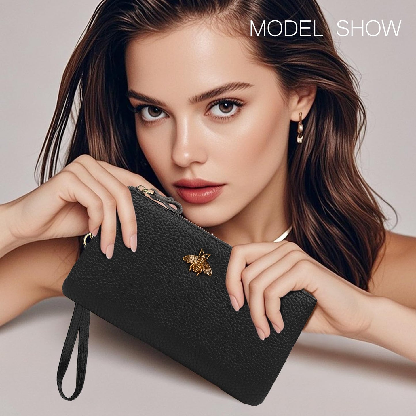 imeetu Women's Wristlet Clutch Purse Leather Cell Phone Wallet Handbag with Wrist Strap (Black)