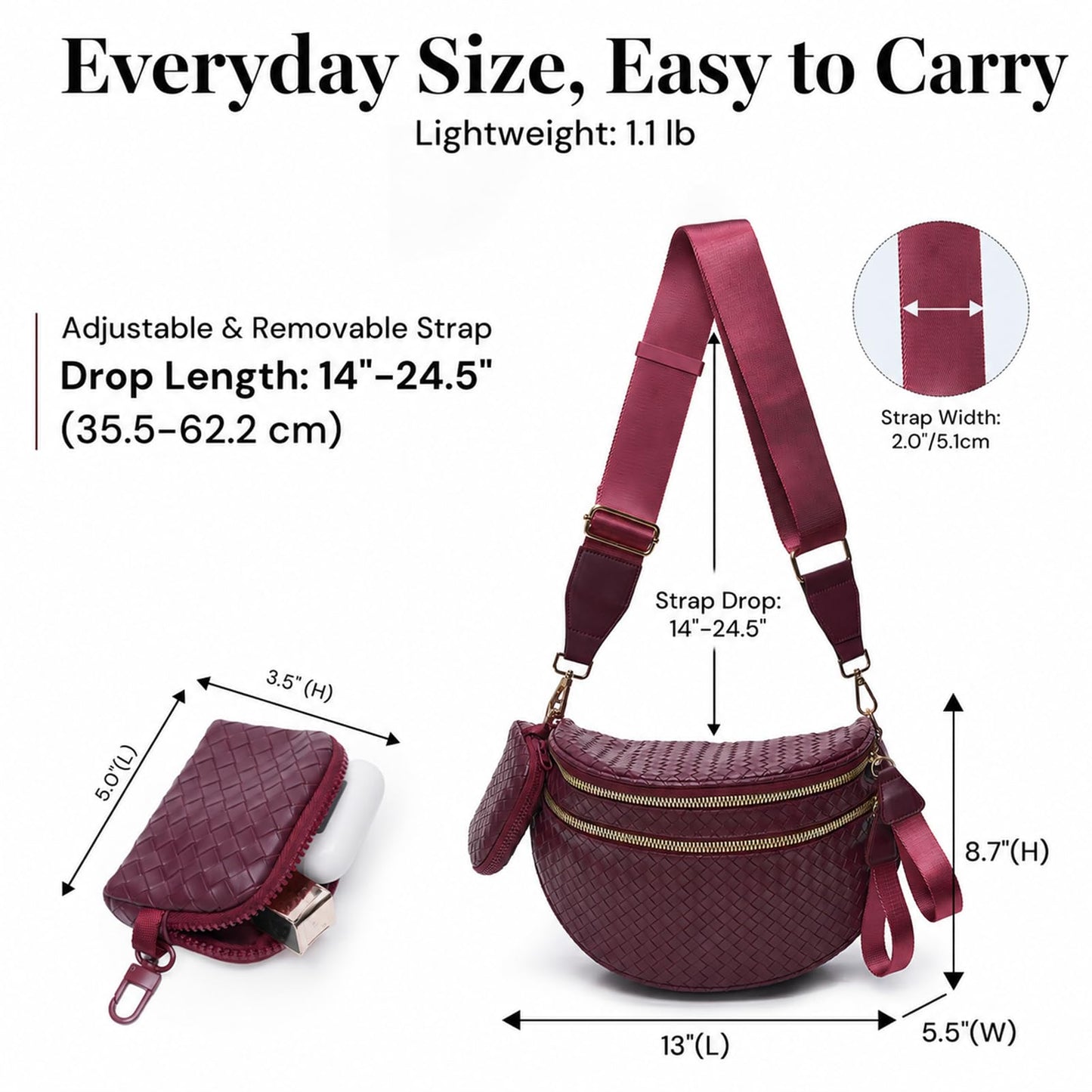 Woven Bum Bags for Women Vegan Leather Crossbody Bag with Coin Purse, Trendy Fanny Packs with Adjustable Wide Strap, Spacious Sling Shoulder Purse for Trave