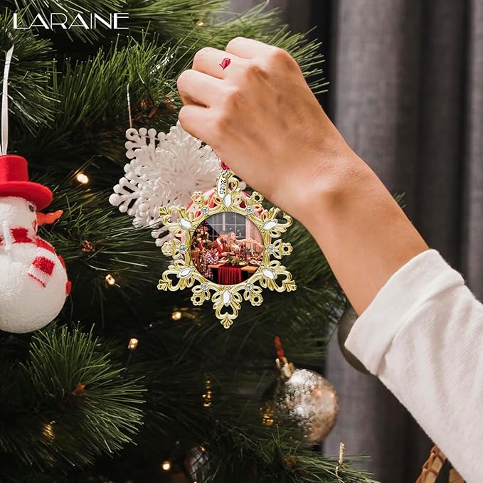 Laraine Christmas Tree Ornaments – Decorative Hanging 2025 Holiday Keepsake Gift Snowflake Pendant with 2” Photo Frame Insert for Picture of Pet (Snowflake Gold (2025))