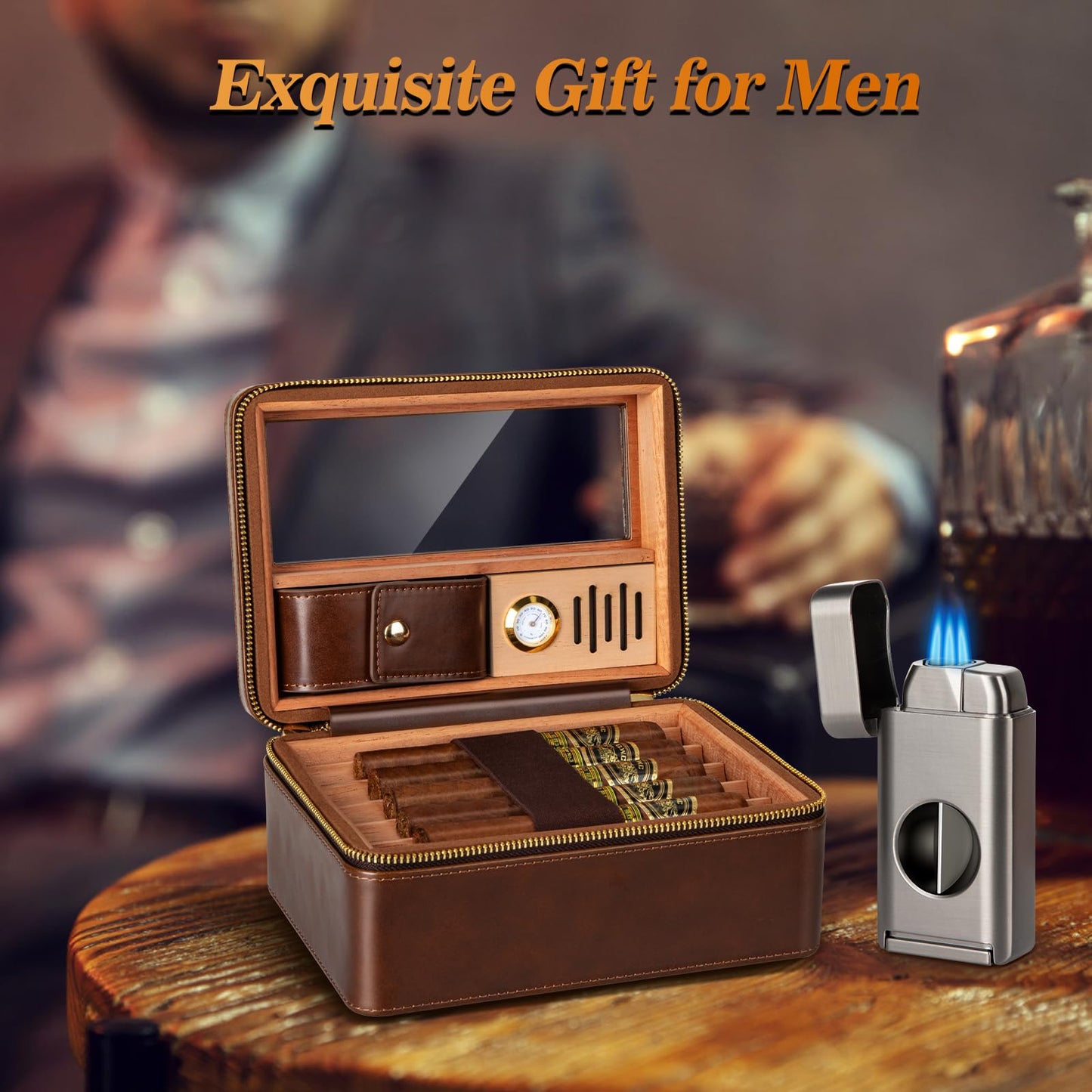 Usewire Cigars Humidor, Travel Cigar Humidor Case, Cedar Wood Double Layer Cigar Box with Built-in Humidifier, Glass Top Cigar Humidor with Cigar Lighter, Cigar Accessory Gift Set for Men(No Butane)