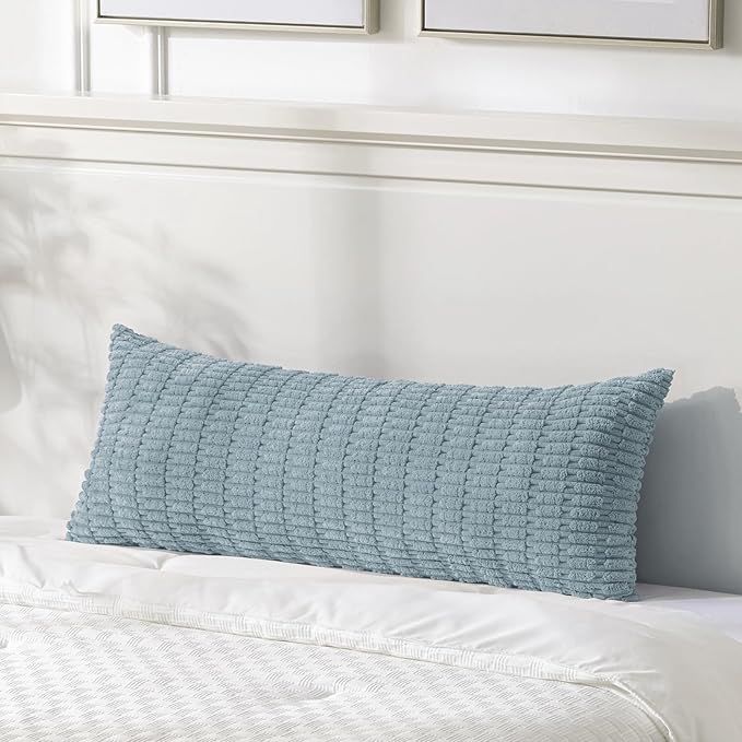 Fancy Homi 1 Pack Light Blue Long Lumbar Body Decorative Throw Pillow Covers 20x54 Inch for Bed Couch Bedroom Bench, Soft Corduroy Rectangle Solid Pillow Case 50x137 cm, Rustic Farmhouse Boho Decor