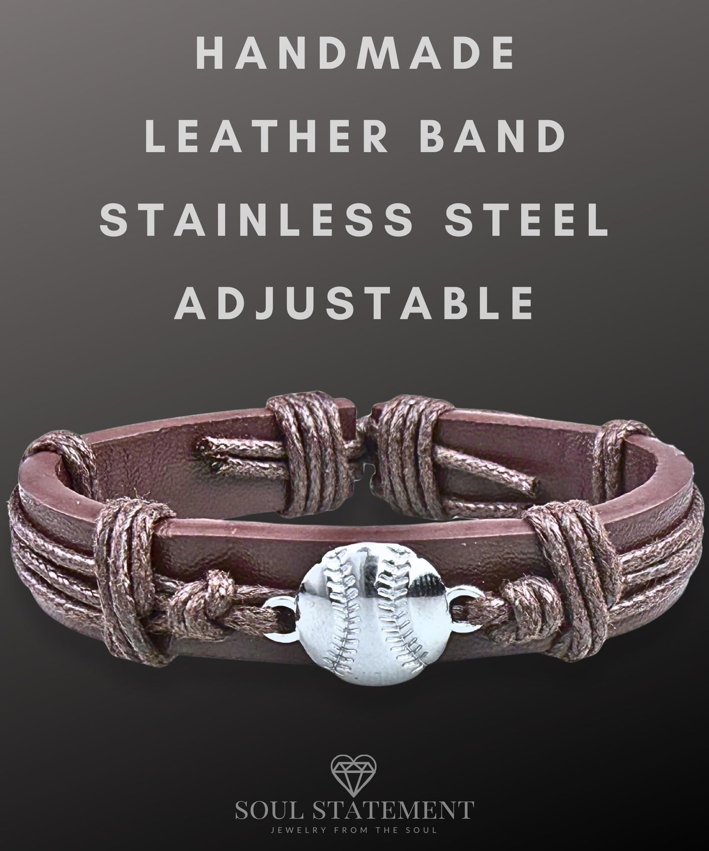 Soul Statement Genuine Leather Wrap Baseball Drip Bracelet for Teens and Men – Adjustable Cord with Stainless Steel Baseball Charm – Athletic Jewelry, Easter Basket Stuffer for Teenagers (Baseball)
