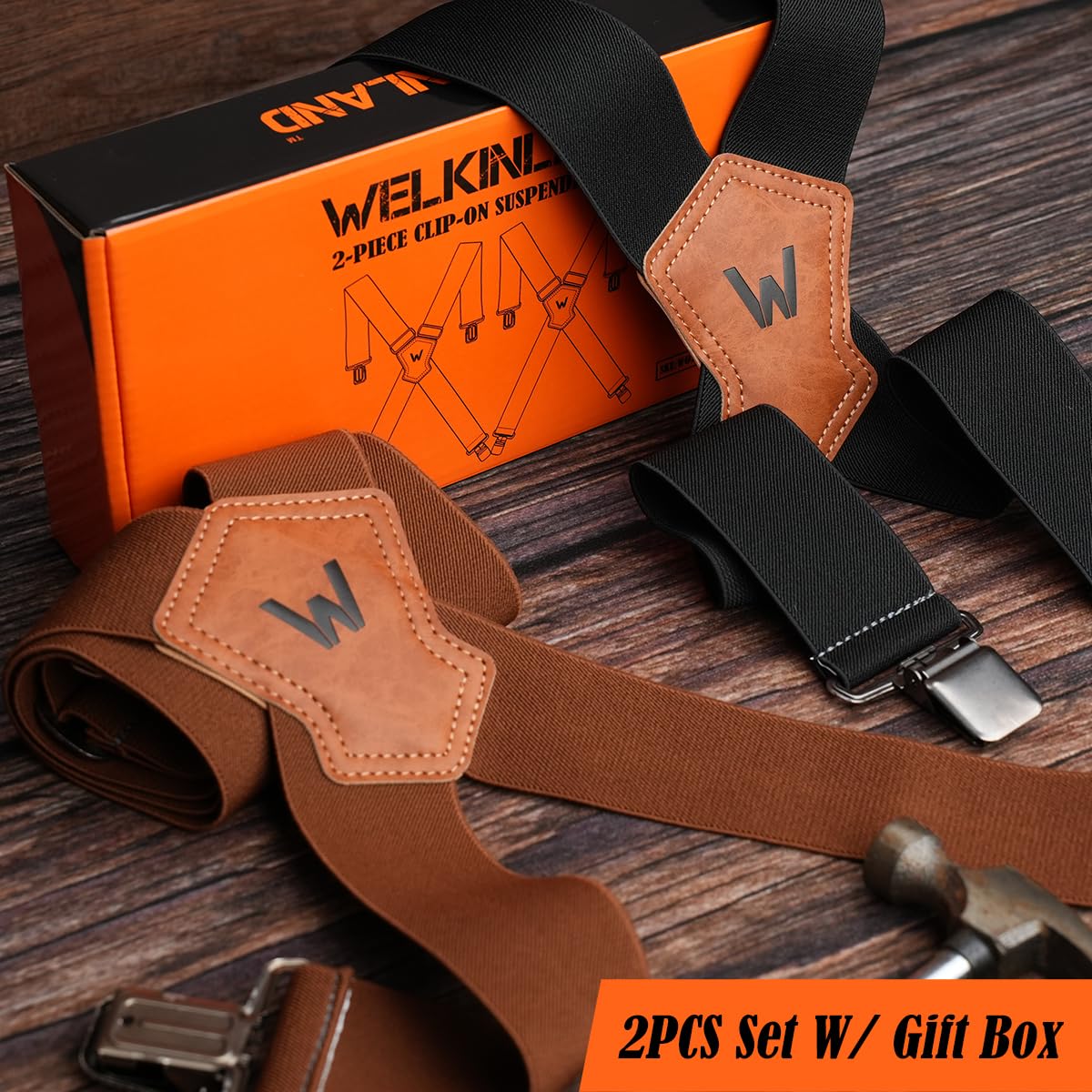 WELKINLAND 2-Piece Clip-On Suspenders Set, Comfy 2 Inch Suspenders for Men, Suspenders for Men Heavy Duty, Sturdy Work Suspenders for Mens Elastic, Adjustable mens gift set