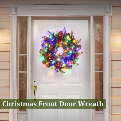 Christmas Wreaths for Front Door, Prelit Christmas Wreath with 30 Warm White & Colorful Lights 8 Modes Timer Pinecones Berried Norfolk Pine Wreath 20 Inch Xmas Wreath Decorations for Door Wall Windows