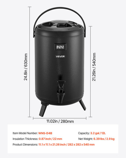 VEVOR Insulated Beverage Dispenser, 3.2 Gal/12L Stainless Steel Thermal Drink Server with Spigot & Temp Display, Suitable for Hot and Cold Drinks, for Tea Coffee Water in Cafes & Restaurants, Black