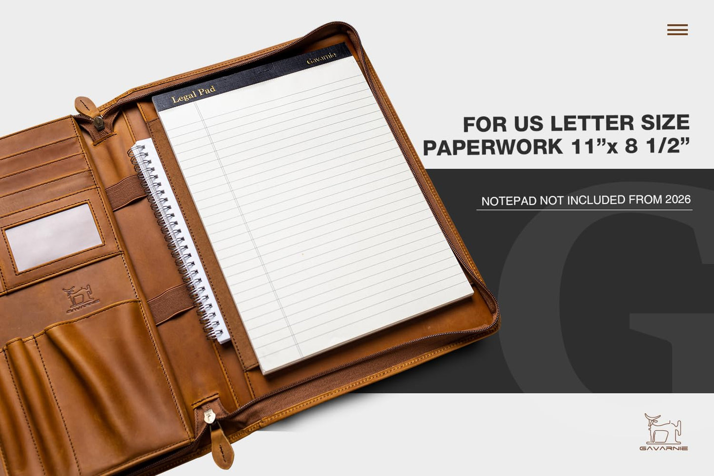 Gavarnie Genuine Leather Professioal Business Portfolio Padfolio Folder with Zipper for Men and Women,Work Portfolio for Letter Size Notepad, for Meeting and Travel, Brown