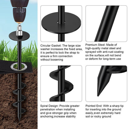 Eurmax USA 4 Pack Universal Ground Anchors High Wind, Heavy Duty Screw-in Trampoline Stakes with 4 Straps, Upgraded Commercial Anchor Kit for Outdoor Sheds, Swing Sets & Mobile Homes (Black)