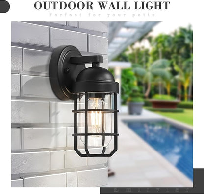Emliviar Modern Outdoor Wall Light for House Porches, Solid Classic Metal Cage, Retro Charm Exterior Wall Light, Clear Tempered Glass, Black Finish, GE255B BK