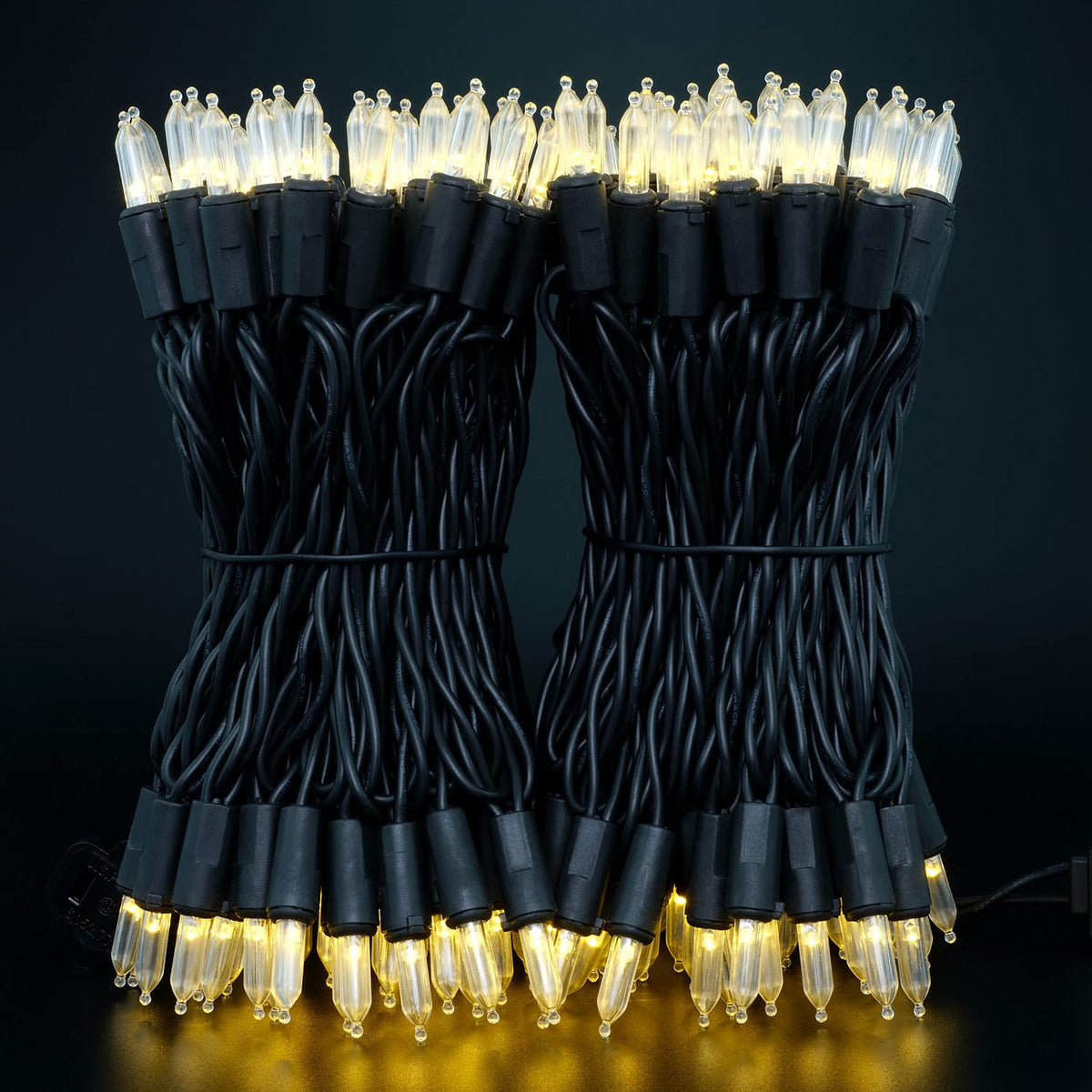 YULETIME 200 Warm White Christmas Lights, 2-Set 33 ft 100 LED Black Wire