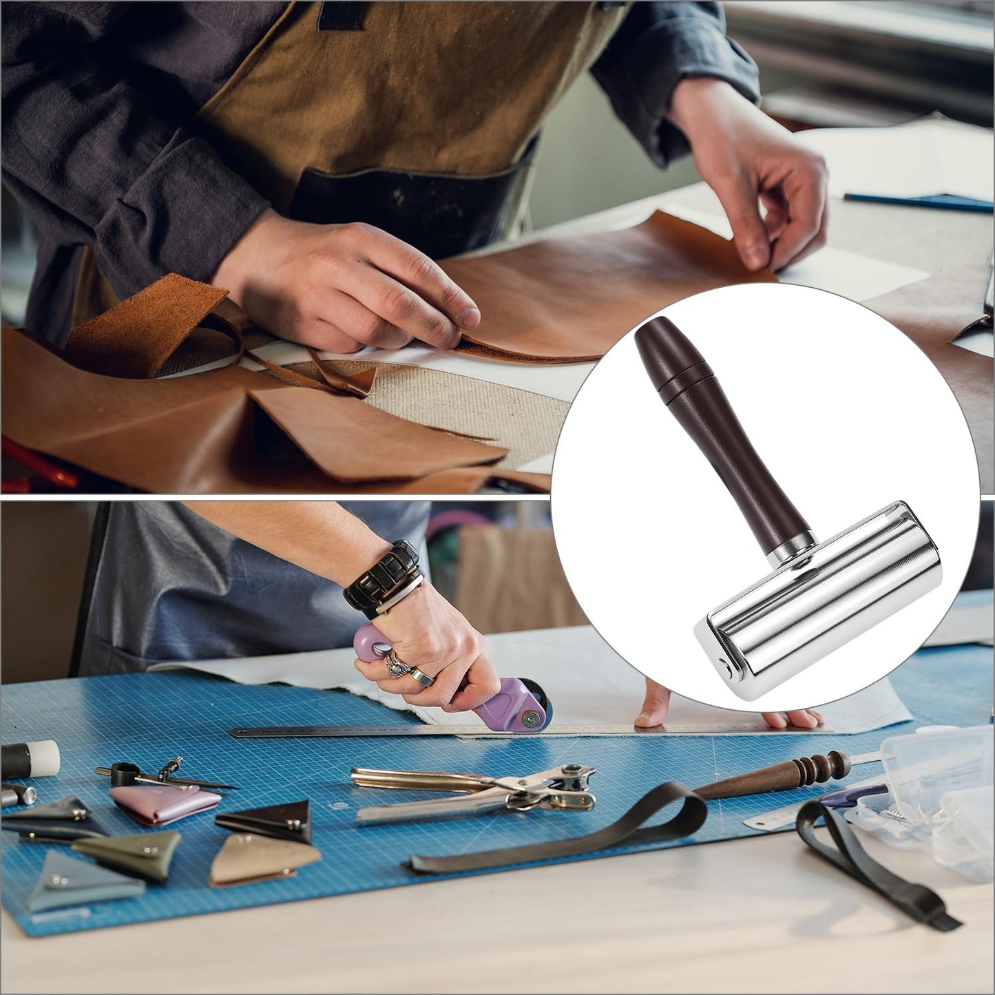 QWORK Leather Press Edge Roller for Leather Crafting and Seam Rolling (3.93''/100mm)