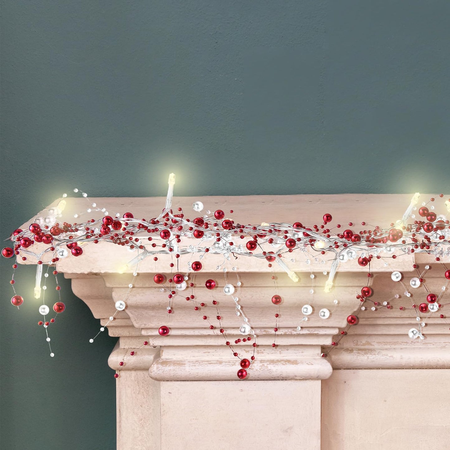 Mudder 10 Feet 30 LED Christmas Light Metal Berry Beaded Garland Indoor Christmas String Lights for Fireplace Mantel Indoor Xma Light Decorations(Red, White)