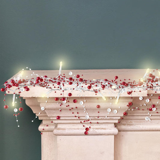 Mudder 10 Feet 30 LED Christmas Light Metal Berry Beaded Garland Indoor Christmas String Lights for Fireplace Mantel Indoor Xma Light Decorations(Red, White)