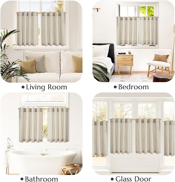 jinchan Striped Linen Kitchen Curtains 36 Inches Tier Curtains Farmhouse Modern Cafe Style Small Window Treatments Airy Light Filtering Rod Pocket for Living Room Bathroom 2 Panels Taupe Grey