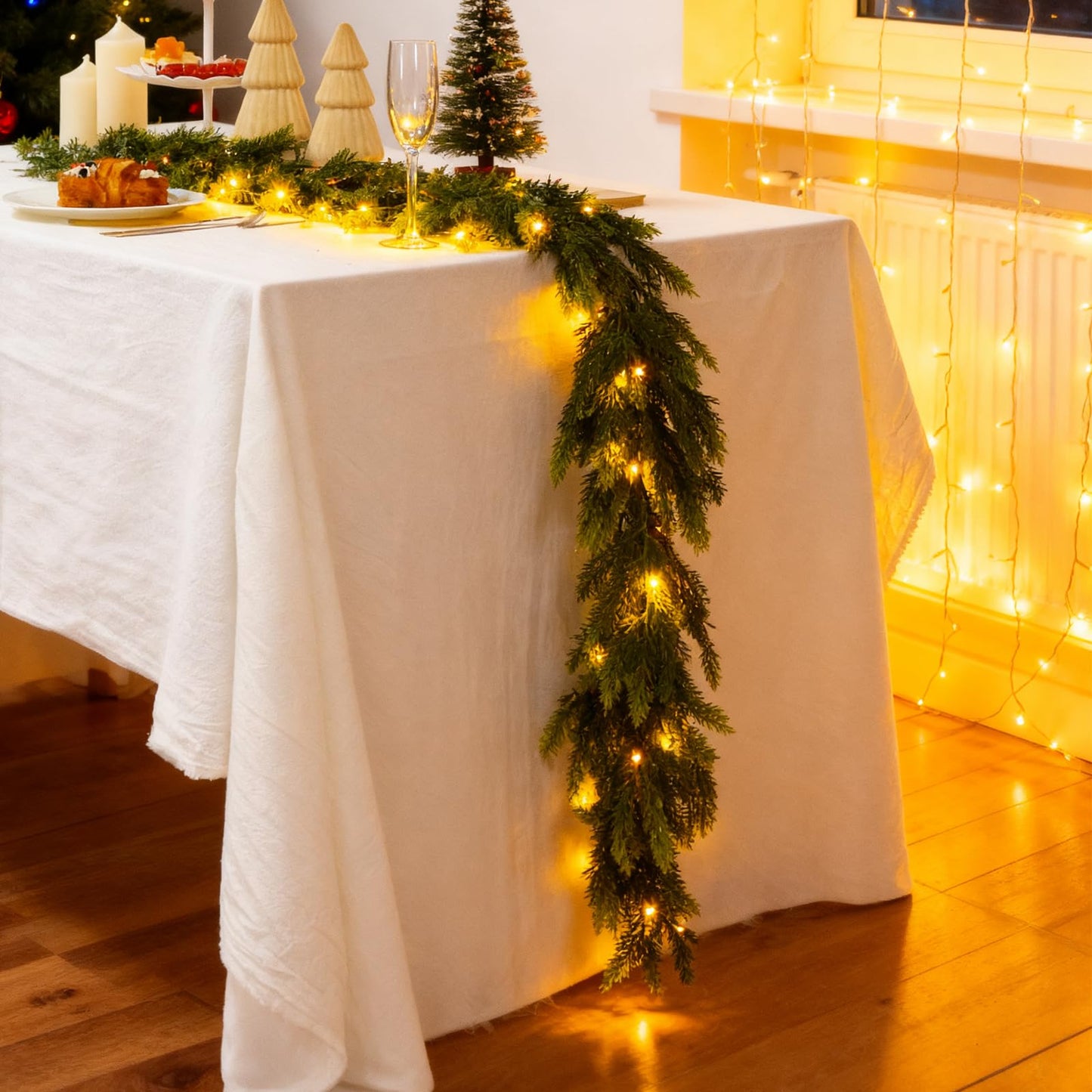 Joyhalo 6FT Christmas Garland Real Touch Cedar Garland Artificial Realistic Faux Cedar Garland with Lights for Mantle, Fireplace, Stairs Railing,Table Decor and Indoor Christmas Decorations