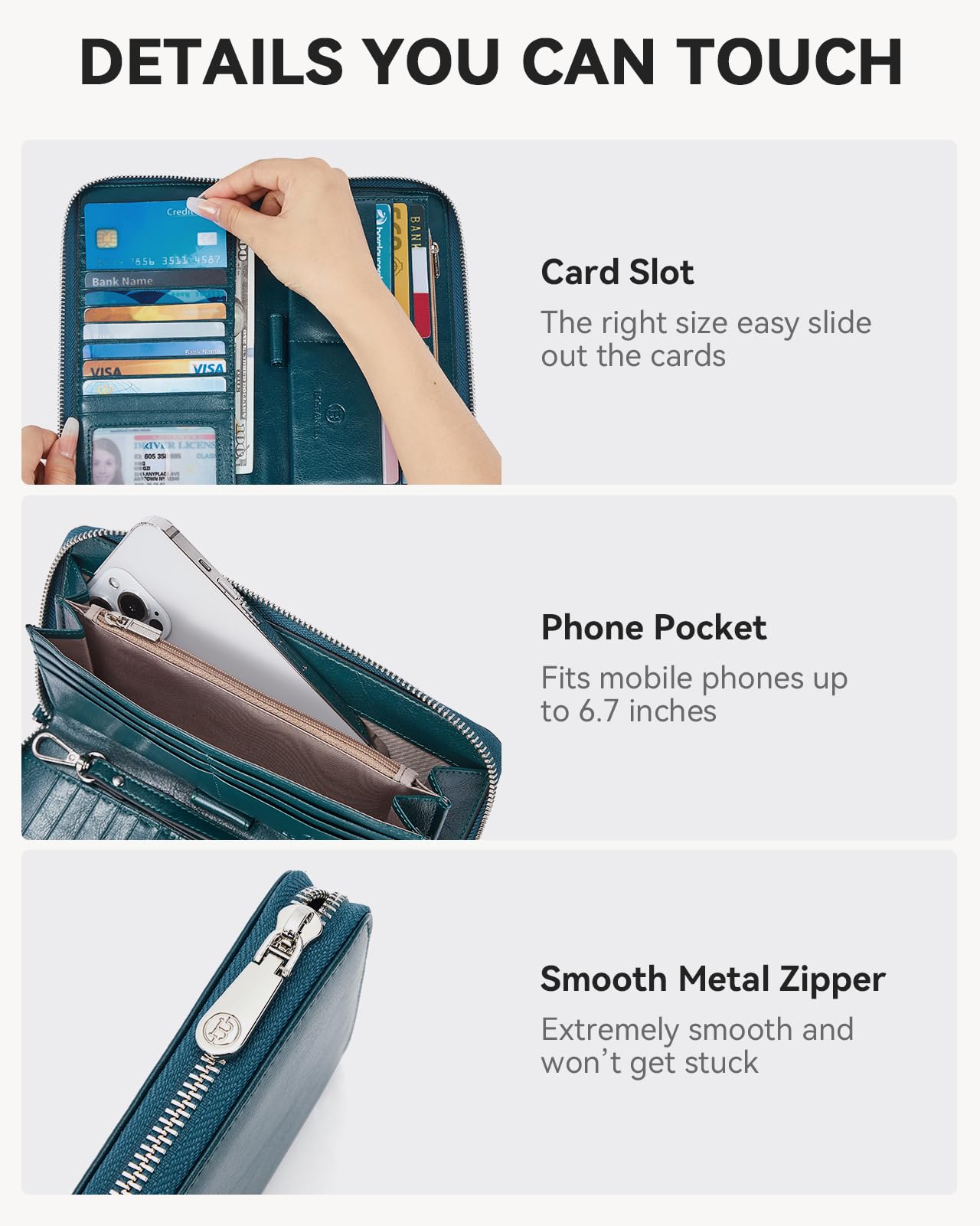 BOSTANTEN Leather Wallet for Women RFID Blocking Zip Around Credit Cards Holder Phone Clutch Peacock Blue