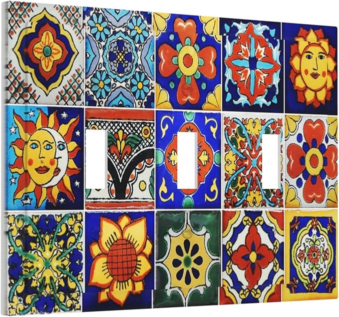 Traditional Colorful Talavera Mexican Spanish Moroccan Tiles 3 Gang Wall Plates Decorative Triple Toggle Light Switch Cover Electrical Switchplate Unused Decorate Faceplate for Bathroom Home