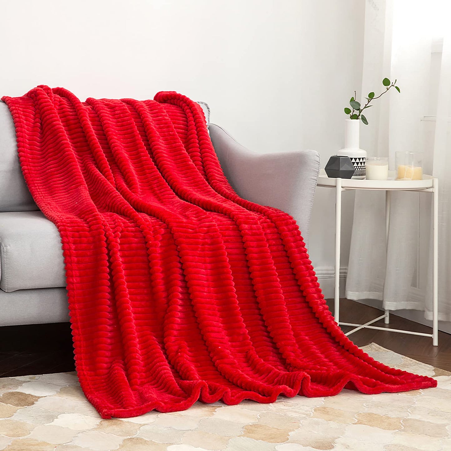 MIULEE Red Fleece Throw Blanket for Couch 300GSM Super Soft Lightweight Plush Striped Blanket, Christmas Warm Cozy Breathable Ribbed Flannel Throws for Bed/Sofa, 50"x60"