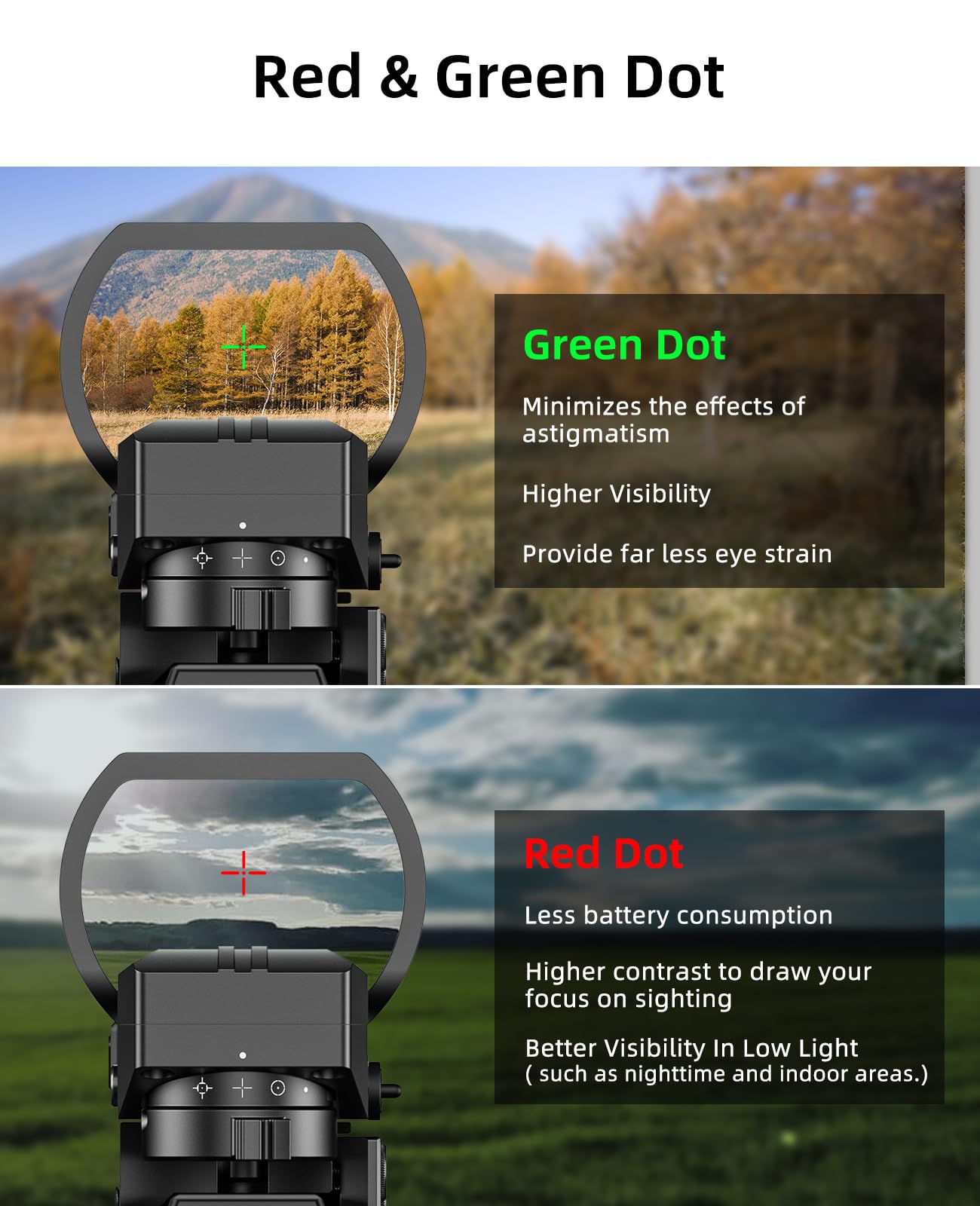 EZshoot Rechargeable Motion Awake Multiple Reticle Red Green Dot Sight, 40mm (1.6") Large Lens Reflex Sight, Red Dot Scope Optics for 20mm Picatinny Rail, Paintball Sights with Absolute Co-Witness