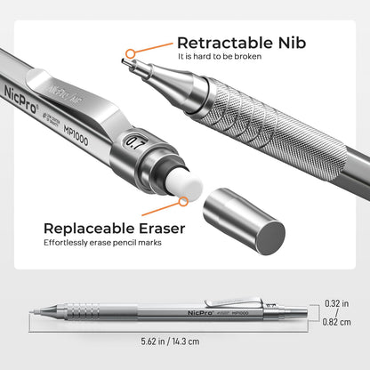 Nicpro 2 PCS Mechanical Pencil 0.5mm & 0.7 mm with Case, MP1000 Metal Artist Pencil Set with 6 Tubes HB Lead Refills, 3 Erasers, 9 Eraser Refills For Art Writing Drafting, Drawing, Sketch, Silver